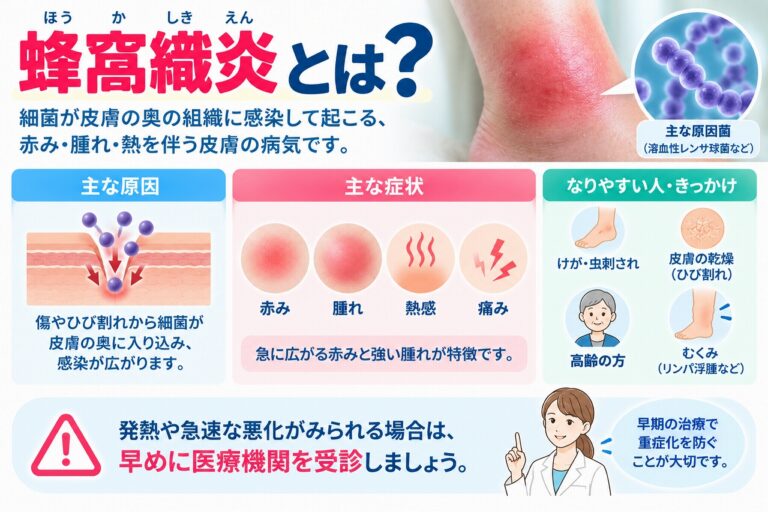 蜂窩織炎とは、傷やひび割れなどから細菌が侵入し、皮膚や皮下組織に感染が広がる病気で、赤み・腫れ・熱感・痛みなどの主な症状や、なりやすい人・きっかけを示した図