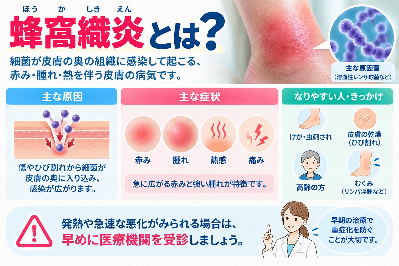 蜂窩織炎とは、傷やひび割れなどから細菌が侵入し、皮膚や皮下組織に感染が広がる病気で、赤み・腫れ・熱感・痛みなどの主な症状や、なりやすい人・きっかけを示した図