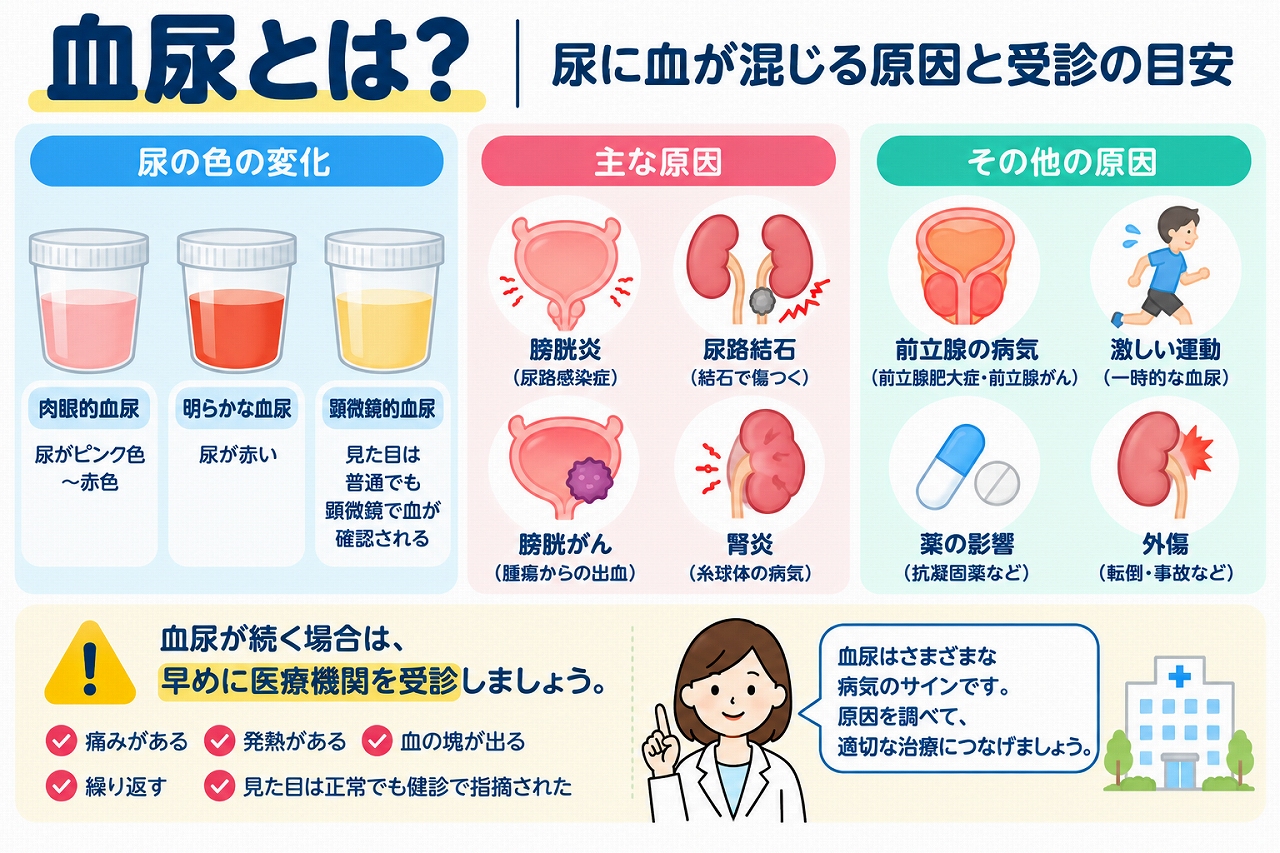 血尿の種類と原因、受診の目安を解説した医療インフォグラフィック。ピンク色や赤色の尿が出る肉眼的血尿と、尿検査で確認される顕微鏡的血尿の違いを紹介。膀胱炎、尿路結石、膀胱がん、腎炎、前立腺疾患などの原因を図解。
