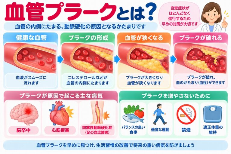 血管プラークとは？動脈硬化が進む仕組みと心筋梗塞・脳卒中のリスクを図解