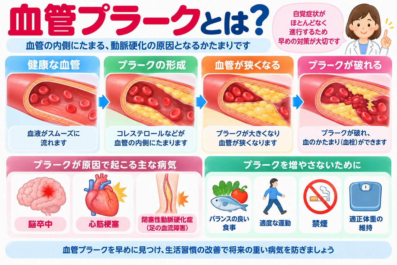 血管プラークが形成される仕組みと動脈硬化の進行を解説した医療インフォグラフィック。健康な血管、プラークの形成、血管の狭窄、プラークの破綻と血栓形成を4段階で比較。脳卒中、心筋梗塞、閉塞性動脈硬化症などのリスクと、食事改善、運動、禁煙、体重管理、血圧・コレステロール・血糖管理による予防対策を図解。