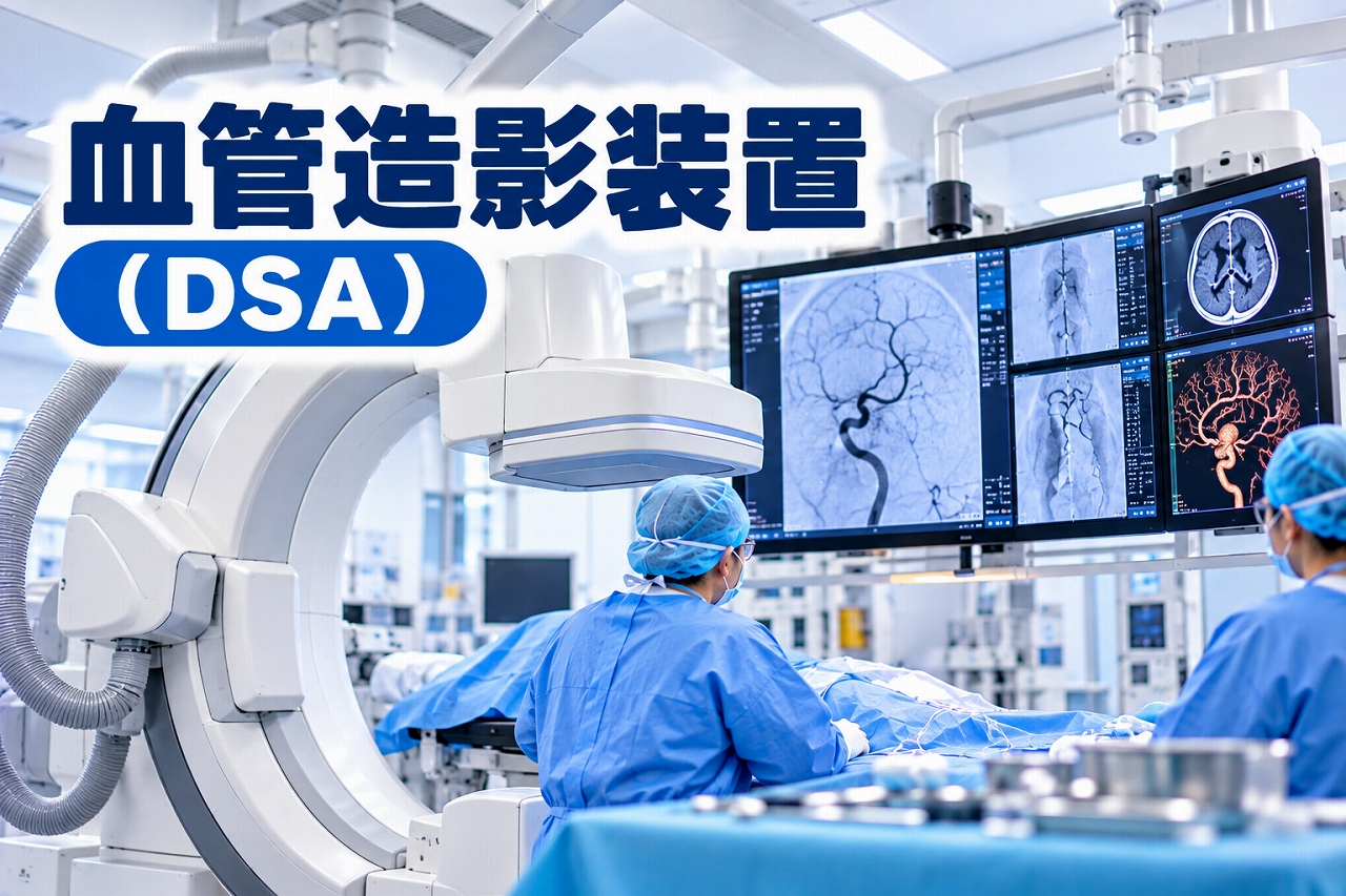 血管造影装置（DSA）の医療用アイキャッチ画像。病院の血管造影室に大型Cアーム型X線撮影装置を設置し、医療スタッフが患者のカテーテル検査を行う様子を描いている。大型モニターには脳血管の造影画像や血管の3D再構成画像が表示され、血管の狭窄や動脈瘤などを調べるDSA検査の特徴を紹介している。