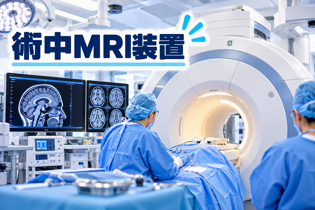 術中MRI装置の医療用アイキャッチ画像。高度な医療設備を備えた手術室に大型MRI装置を設置し、手術衣を着用した医療スタッフが患者の手術を行う様子を描いている。モニターには脳のMRI断面画像が表示され、手術中に脳の状態や腫瘍の残存などを確認する術中MRIの特徴を紹介している。