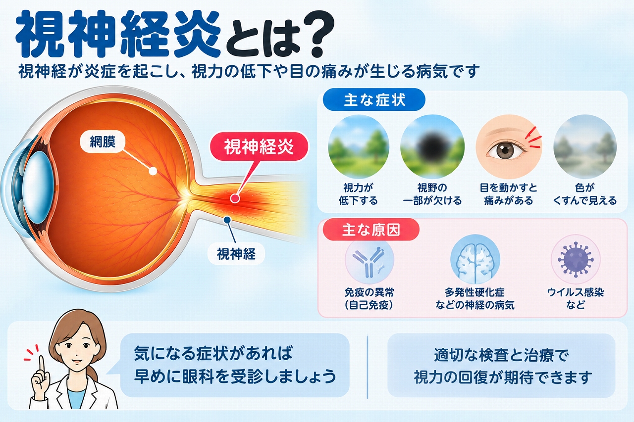 視神経炎の原因や症状を解説したインフォグラフィック。視神経に炎症が起こることで、視力低下、視野の一部が見えにくい、目を動かすと痛む、色がくすんで見えるなどの症状が現れることを紹介