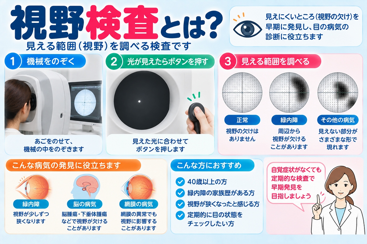 視野検査の方法や目的を解説したインフォグラフィック。光が見えたときにボタンを押して見える範囲や視野欠損を調べ、緑内障、網膜疾患、視神経や脳の病気などの発見に役立つことを紹介