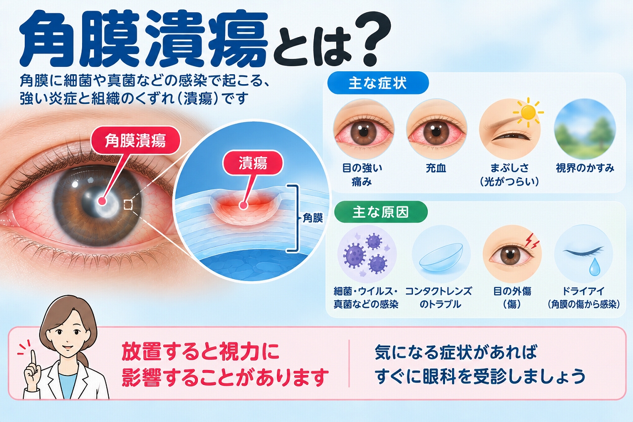 角膜潰瘍の原因や症状を解説したインフォグラフィック。角膜に強い炎症や組織の欠損が生じ、目の強い痛み、充血、まぶしさ、視界のかすみなどが現れることや、感染症、コンタクトレンズ、外傷などの原因を紹介