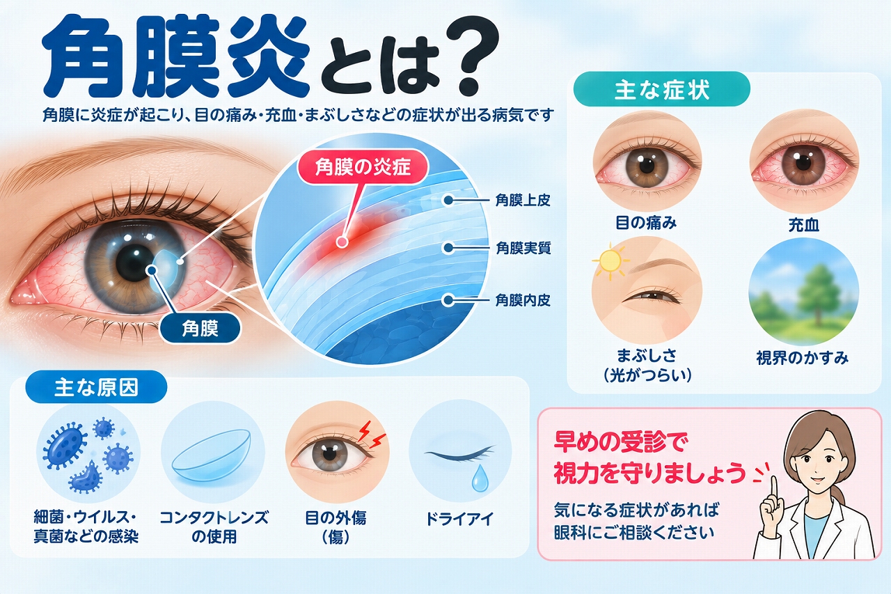 角膜炎の原因や症状を解説したインフォグラフィック。角膜に炎症が起こることで、目の痛み、充血、まぶしさ、視界のかすみなどの症状が現れ、感染症やコンタクトレンズ、目の外傷、ドライアイなどが原因となることを紹介