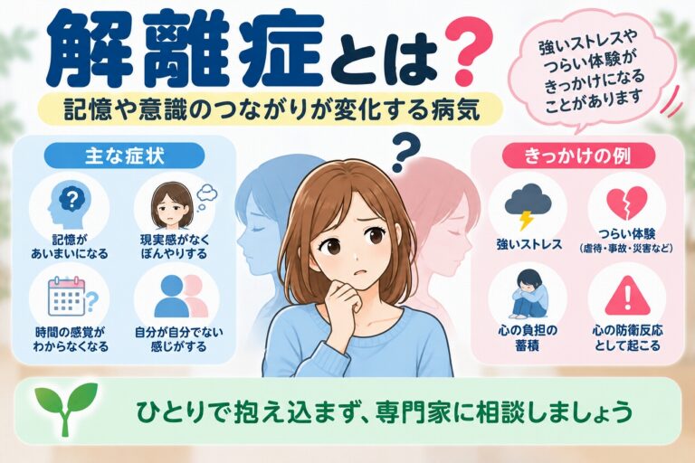 解離症の特徴や主な症状、関連する要因を解説した医療インフォグラフィック。記憶があいまいになる、現実感がなくなる、時間の感覚が分からなくなる、自分が自分ではないように感じるなどの症状をイラストで紹介。強いストレスやトラウマ体験との関係、専門家への相談の重要性を図解。