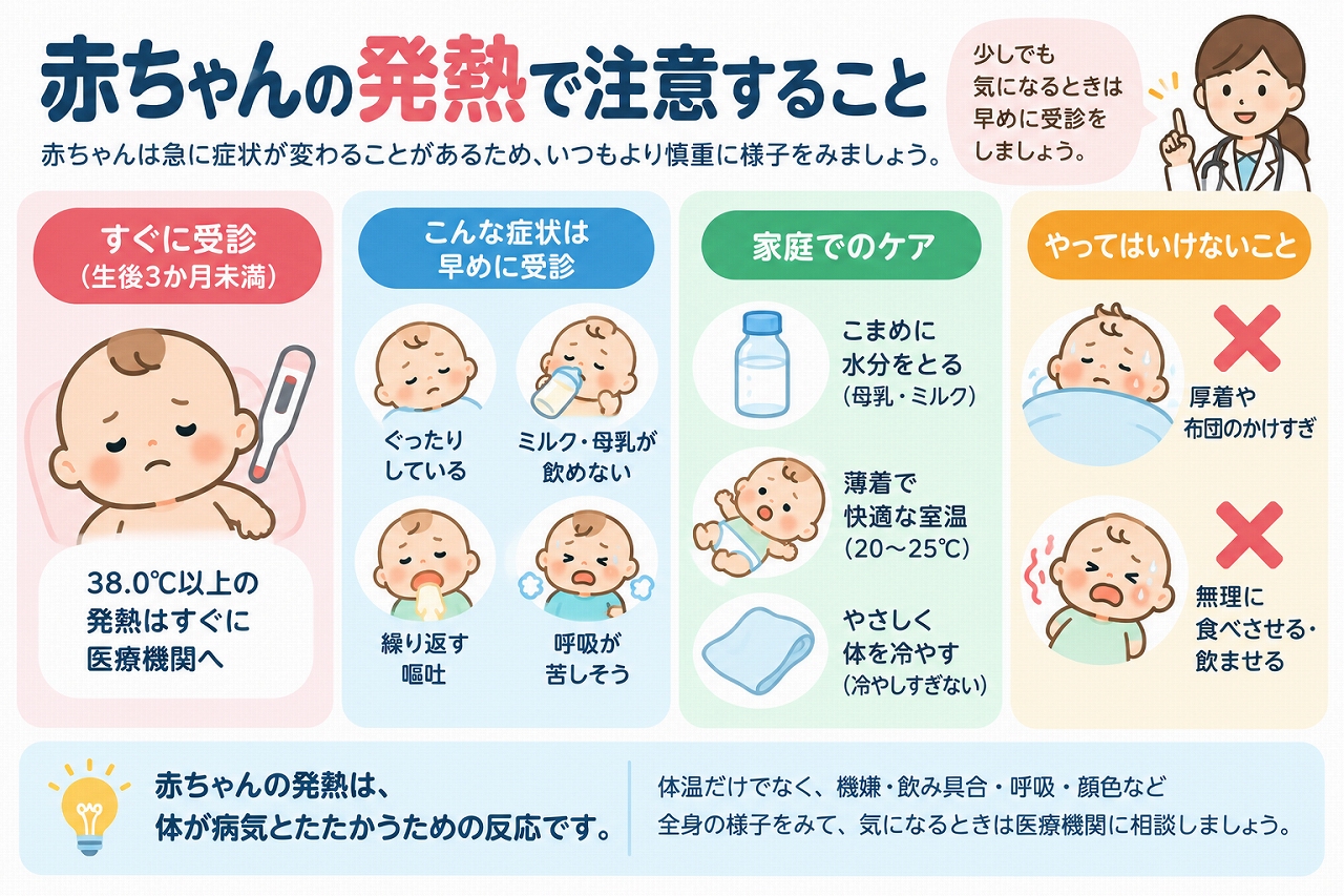 赤ちゃんの発熱で注意することを解説したインフォグラフィック。生後3か月未満の発熱や、ぐったりしている、母乳やミルクが飲めない、繰り返す嘔吐、呼吸が苦しそうなど受診が必要な症状と、家庭での水分補給や過ごし方を紹介