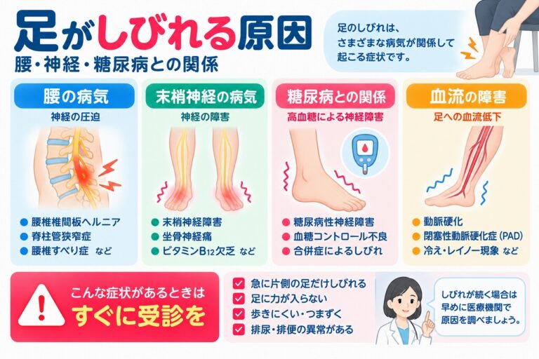 足がしびれる原因とは？腰の病気・末梢神経障害・糖尿病との関係を図解