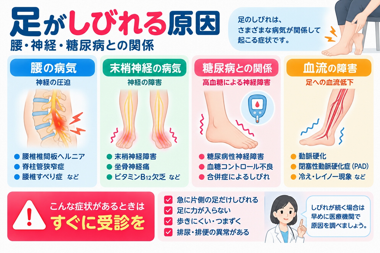 足のしびれの原因と考えられる病気を解説した医療インフォグラフィック。腰椎椎間板ヘルニア・脊柱管狭窄症などによる神経の圧迫、末梢神経障害、坐骨神経痛、糖尿病性神経障害、ビタミンB12欠乏、閉塞性動脈硬化症などの血流障害を図解。足の脱力や歩行困難、排尿・排便障害など緊急受診が必要な症状も紹介。