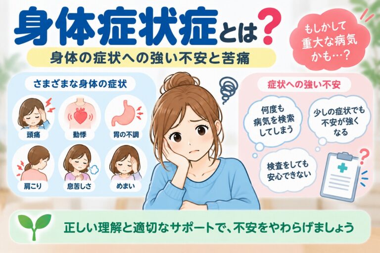 身体症状症の特徴や主な症状を解説した医療インフォグラフィック。頭痛、動悸、胃の不調、肩こり、息苦しさ、めまいなどの身体症状と、それらに対する強い不安や苦痛をイラストで紹介。病気について繰り返し調べる、検査後も安心できないなどの特徴と、適切な治療や心理的支援の重要性を図解。