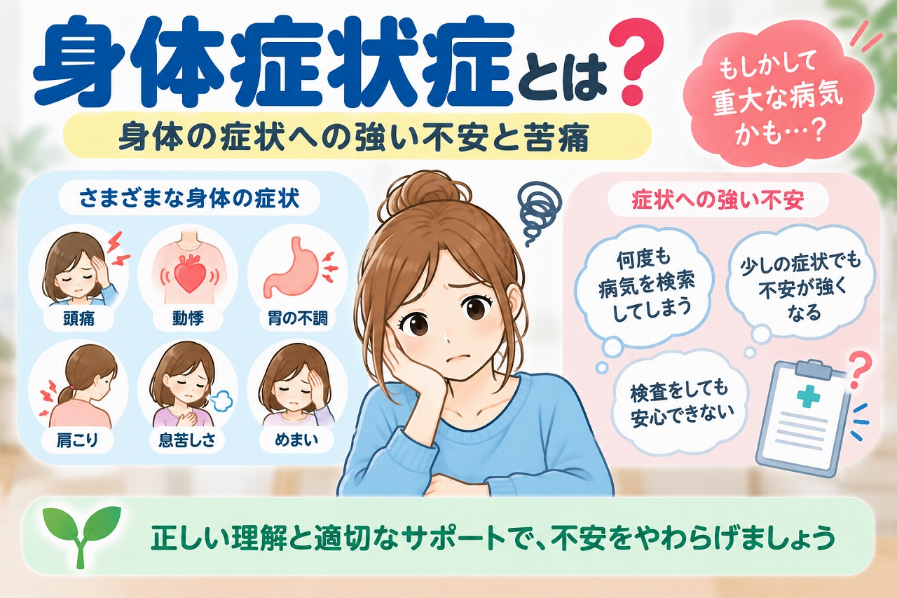 身体症状症の特徴や主な症状を解説した医療インフォグラフィック。頭痛、動悸、胃の不調、肩こり、息苦しさ、めまいなどの身体症状と、それらに対する強い不安や苦痛をイラストで紹介。病気について繰り返し調べる、検査後も安心できないなどの特徴と、適切な治療や心理的支援の重要性を図解。