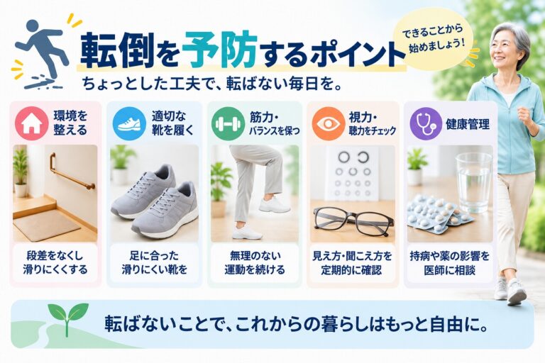 転倒を予防するポイントとして、室内の段差や滑りやすい場所を整える、足に合った靴を履く、筋力とバランスを保つ、視力・聴力を確認する、持病や薬を適切に管理するなどの対策を示した図