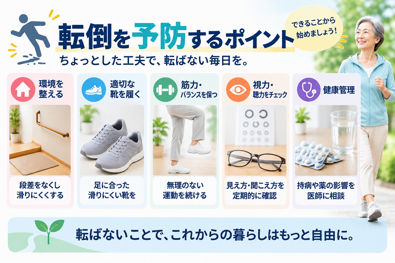 転倒を予防するポイントとして、室内の段差や滑りやすい場所を整える、足に合った靴を履く、筋力とバランスを保つ、視力・聴力を確認する、持病や薬を適切に管理するなどの対策を示した図