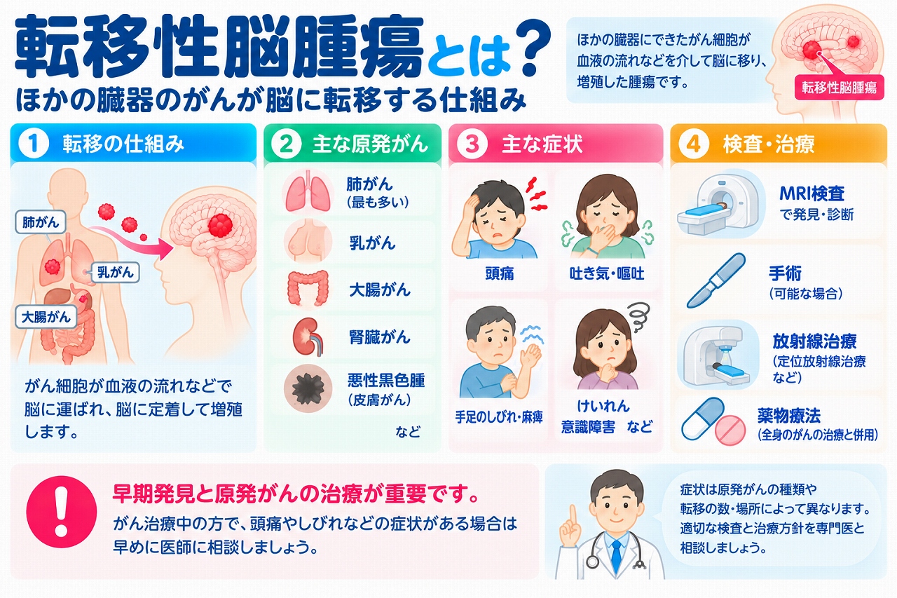転移性脳腫瘍の発生の仕組みや主な症状、検査・治療法を解説した医療インフォグラフィック。肺がん、乳がん、大腸がん、腎臓がん、悪性黒色腫などのがん細胞が血流を介して脳へ移動し、腫瘍を形成する過程を図解。頭痛、吐き気・嘔吐、手足のしびれ・麻痺、けいれん、意識障害などの症状と、MRI検査、摘出手術、放射線治療、薬物療法を紹介。