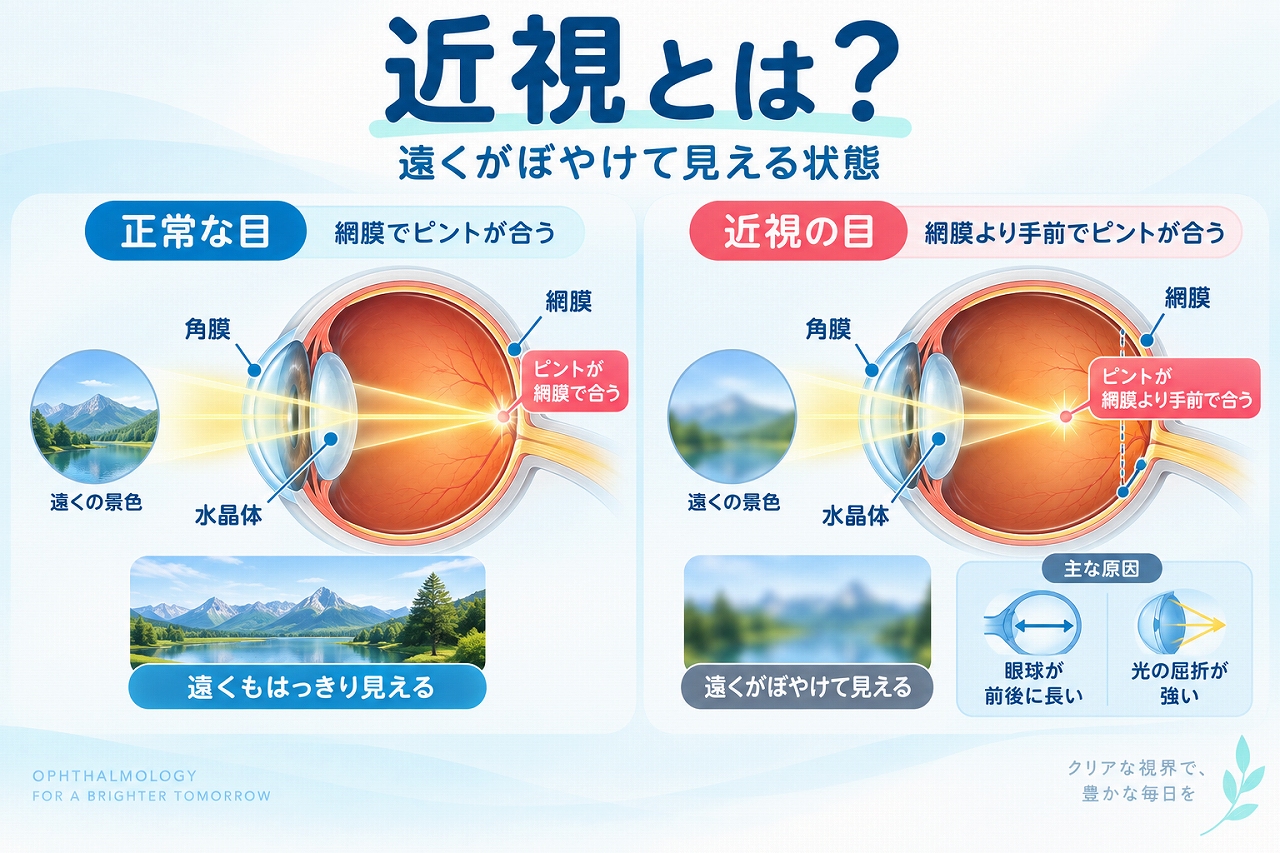 近視の仕組みを正常な目と比較したインフォグラフィック。正常な目では網膜上でピントが合い、近視では網膜より手前でピントが合うため遠くがぼやけて見えることを解説