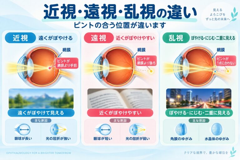 近視・遠視・乱視の違い｜見え方とピントの位置を比較