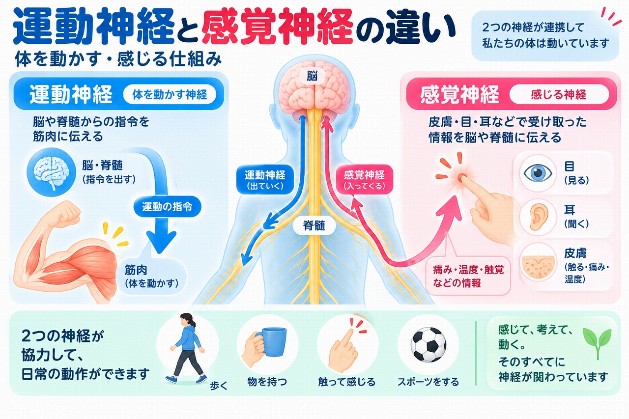 運動神経と感覚神経の違いを解説した医療インフォグラフィック。運動神経は脳や脊髄から筋肉へ指令を伝え、感覚神経は皮膚などで受け取った痛み・温度・触覚などの情報を脳や脊髄へ伝える仕組みを図解。歩く、物を持つ、触れて感じるなどの日常動作との関係も紹介。