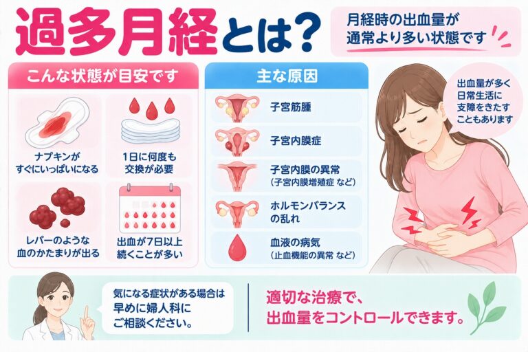過多月経の症状や原因を解説したインフォグラフィック。ナプキンの交換回数が多い、大きな血のかたまりが出る、月経が長く続くなどの特徴と、子宮筋腫、子宮腺筋症、子宮内膜の異常、ホルモンバランスや血液の病気など主な原因を紹介