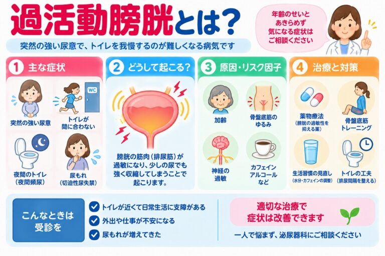 過活動膀胱（OAB）の症状や原因、治療法を解説した医療インフォグラフィック。突然我慢できないほど強い尿意を感じる尿意切迫感、頻尿、夜間頻尿、切迫性尿失禁を紹介。膀胱の過敏な反応や加齢、神経の異常などの関連要因と、薬物療法、骨盤底筋訓練、膀胱訓練、生活習慣の見直しによる対処法を図解。