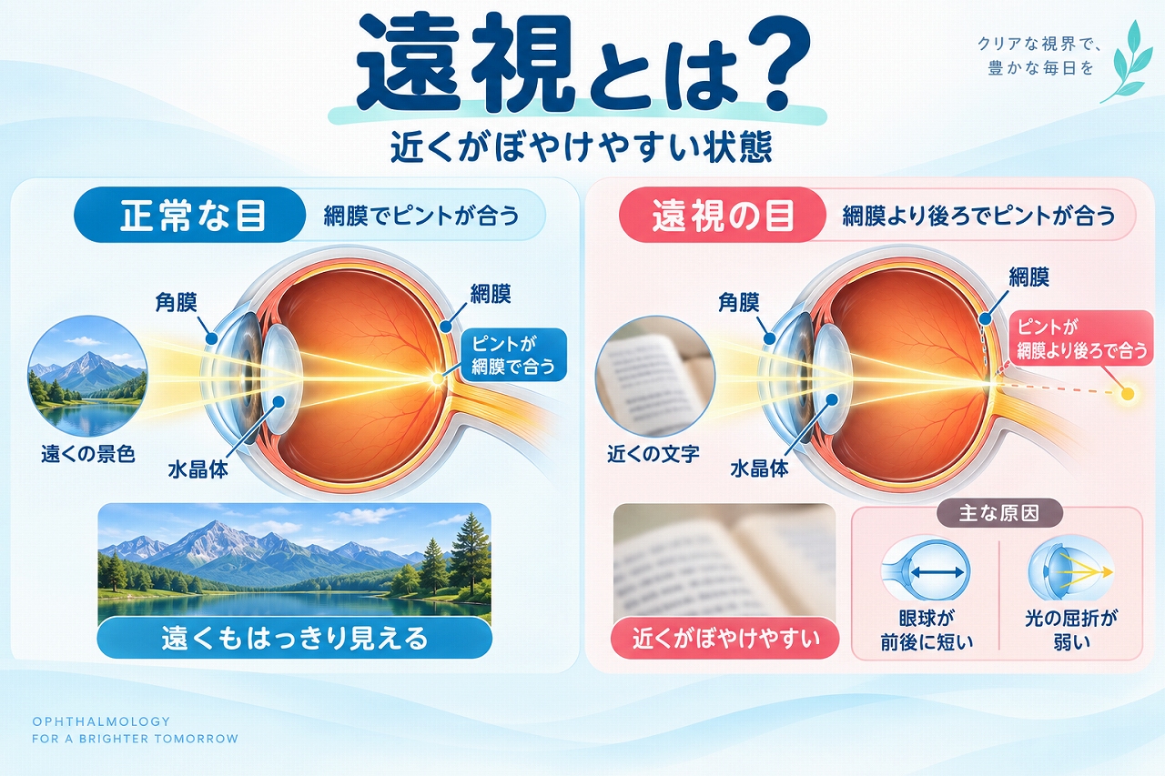 遠視の仕組みを正常な目と比較したインフォグラフィック。正常な目では網膜上でピントが合い、遠視では網膜より後ろでピントが合うため、近くがぼやけやすくなることを解説