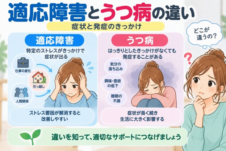 適応障害とうつ病の違いを比較した医療インフォグラフィック。適応障害では仕事の変化、引っ越し、人間関係など特定のストレス要因に関連して症状が現れることを紹介。うつ病では明確なきっかけがない場合もあり、気分の落ち込み、興味や喜びの低下、睡眠の不調などが続くことをイラストで解説。