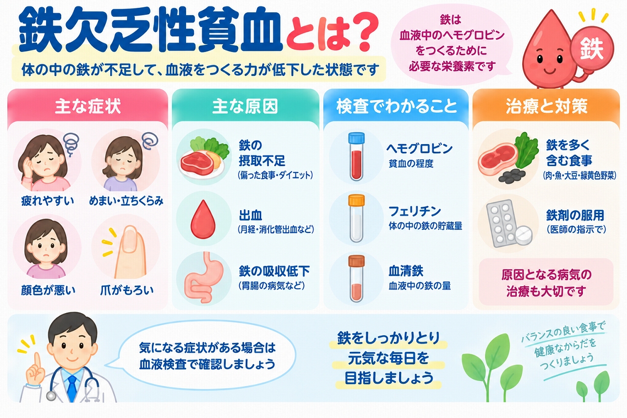 鉄欠乏性貧血の原因や症状、検査、治療法を解説した医療インフォグラフィック。疲労感、めまい、立ちくらみ、顔色不良、爪の変化などの症状と、鉄分摂取不足、月経や消化管からの出血、鉄の吸収低下などの原因を紹介。ヘモグロビン、フェリチン、血清鉄の検査と、鉄剤の服用、食事改善、原因疾患の治療を図解。