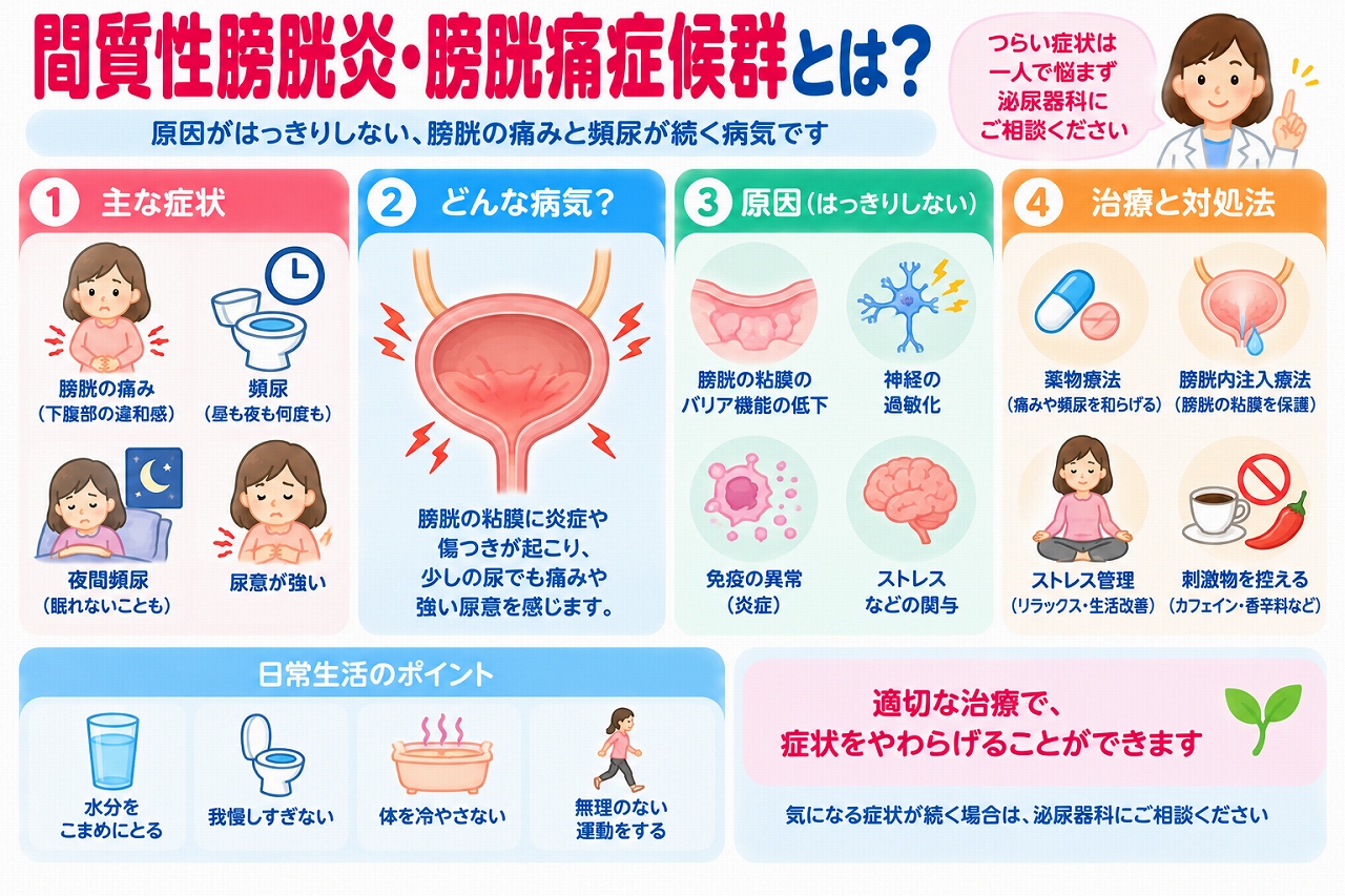 間質性膀胱炎・膀胱痛症候群の症状や原因、治療法を解説した医療インフォグラフィック。膀胱や下腹部の痛み、頻尿、夜間頻尿、強い尿意などの症状を紹介。膀胱粘膜の異常や神経の過敏化などの関連要因と、薬物療法、膀胱内注入療法、生活習慣の改善、刺激物を控える対策を図解。