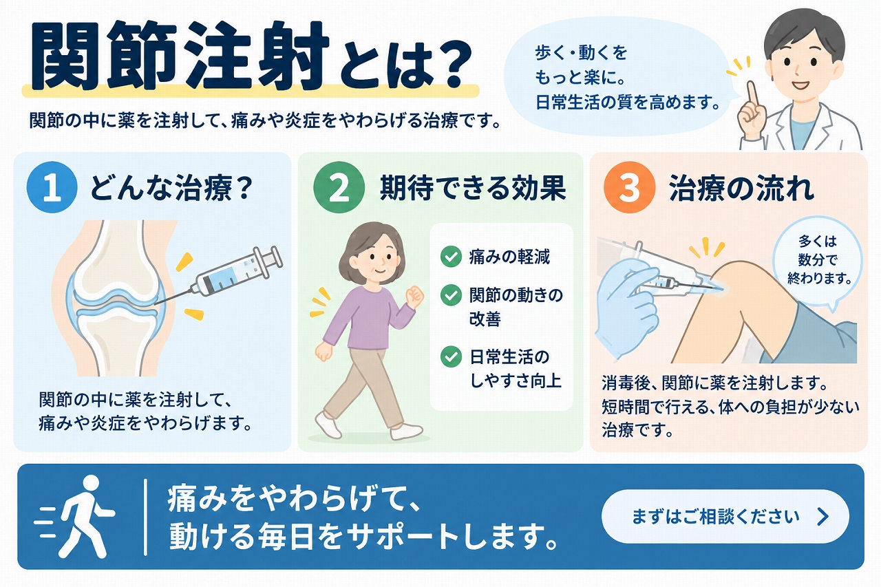 関節注射とは、膝などの関節内に薬剤を注射して痛みや炎症の軽減を図る治療で、注射の方法や期待できる効果、治療の流れを示した図