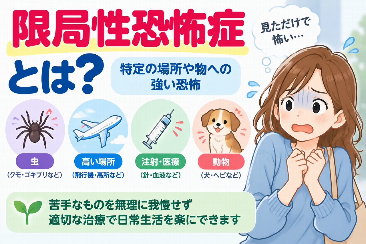限局性恐怖症の特徴や恐怖の対象を解説した医療インフォグラフィック。クモなどの虫、飛行機や高い場所、注射、犬などの動物に対して強い恐怖を感じる様子をイラストで紹介。特定の物や状況を見るだけでも不安が生じることや、適切な治療によって症状の改善が期待できることを説明。