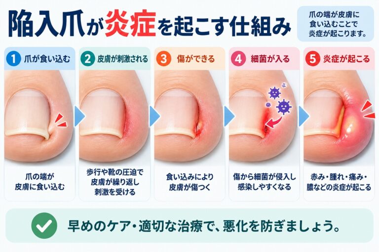 陥入爪が炎症を起こす仕組みを、爪の端が皮膚に食い込み、繰り返し刺激されて傷ができ、細菌が侵入して赤み・腫れ・痛み・膿などの炎症が起こるまでの流れで示した図