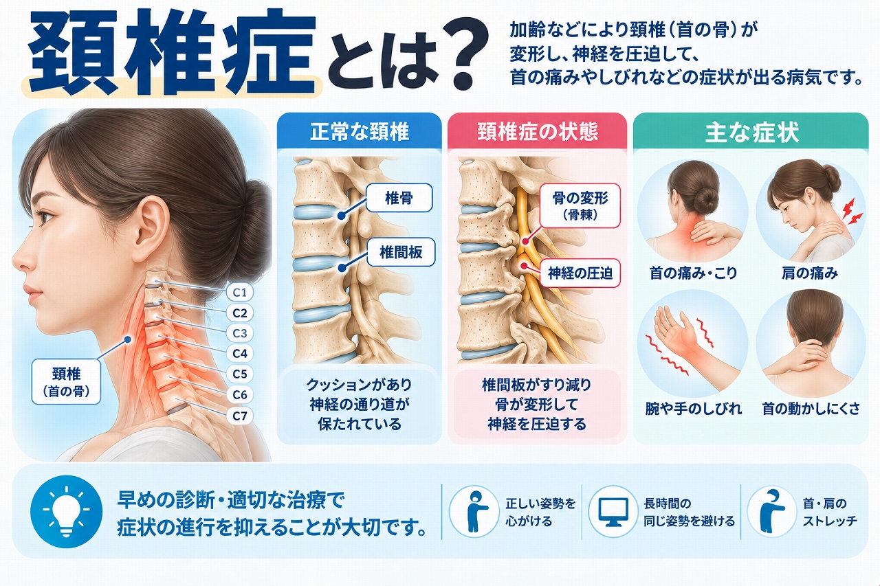 頚椎症とは、加齢などによって頚椎や椎間板が変性し、骨棘などにより神経が圧迫されることで、首や肩の痛み・こり、腕や手のしびれ、首の動かしにくさなどが現れる状態を示した図