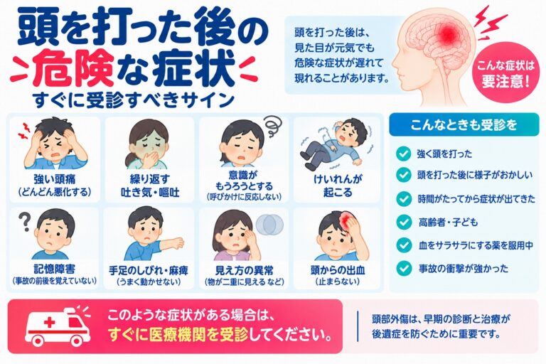 頭を打った後の危険な症状とは？すぐに受診すべき8つのサインと注意点を図解