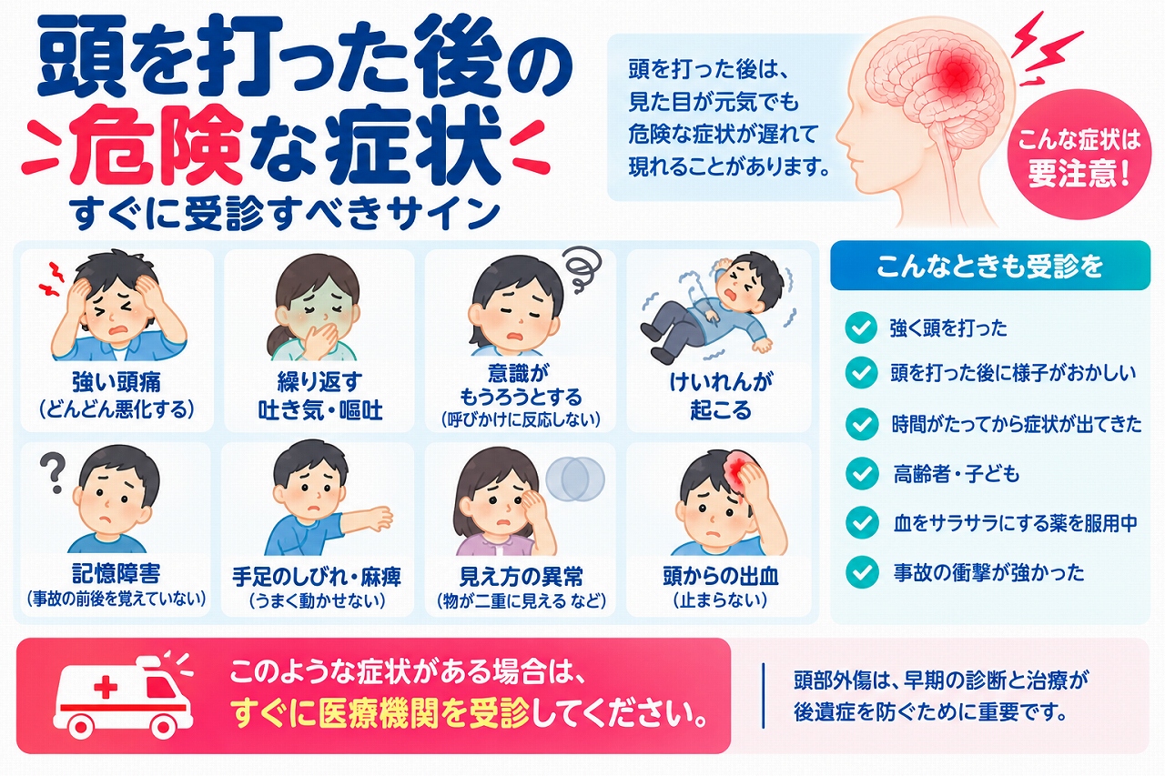 頭を打った後に注意すべき危険な症状と受診の目安を解説した医療インフォグラフィック。悪化する頭痛、繰り返す嘔吐、意識障害、けいれん、記憶障害、手足のしびれ・麻痺、視覚異常、止まらない出血の8つの症状をイラストで紹介。高齢者や子ども、抗血栓薬を服用している人、強い衝撃を受けた人などの注意点と、頭部外傷後に遅れて症状が現れる危険性、緊急受診の重要性を図解。