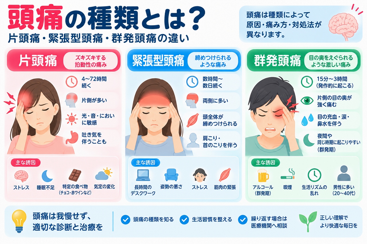 頭痛の代表的な3種類を比較した医療インフォグラフィック。片頭痛はズキズキする痛みや吐き気、光・音への過敏、緊張型頭痛は頭を締め付けられるような痛み、群発頭痛は片側の目の奥の激痛が特徴。痛みの持続時間、症状、誘発要因などの違いを図解。