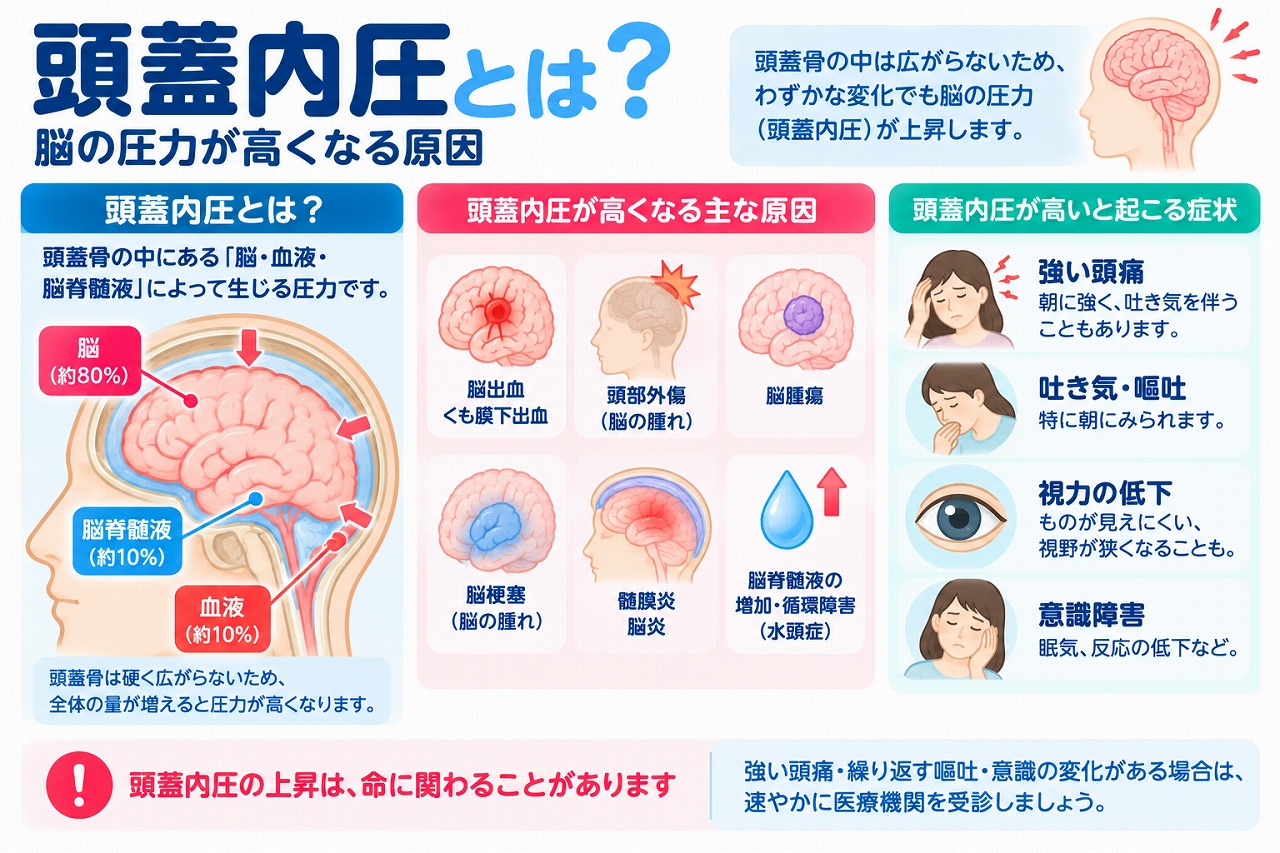 頭蓋内圧の仕組みと圧力が上昇する原因を解説した医療インフォグラフィック。頭蓋骨の内部にある脳組織・血液・脳脊髄液の関係を断面図で示し、脳出血、頭部外傷、脳腫瘍、脳梗塞による脳浮腫、髄膜炎、脳炎、水頭症などの原因を紹介。強い頭痛、吐き気・嘔吐、視力低下、意識障害などの症状と緊急受診の重要性を図解。