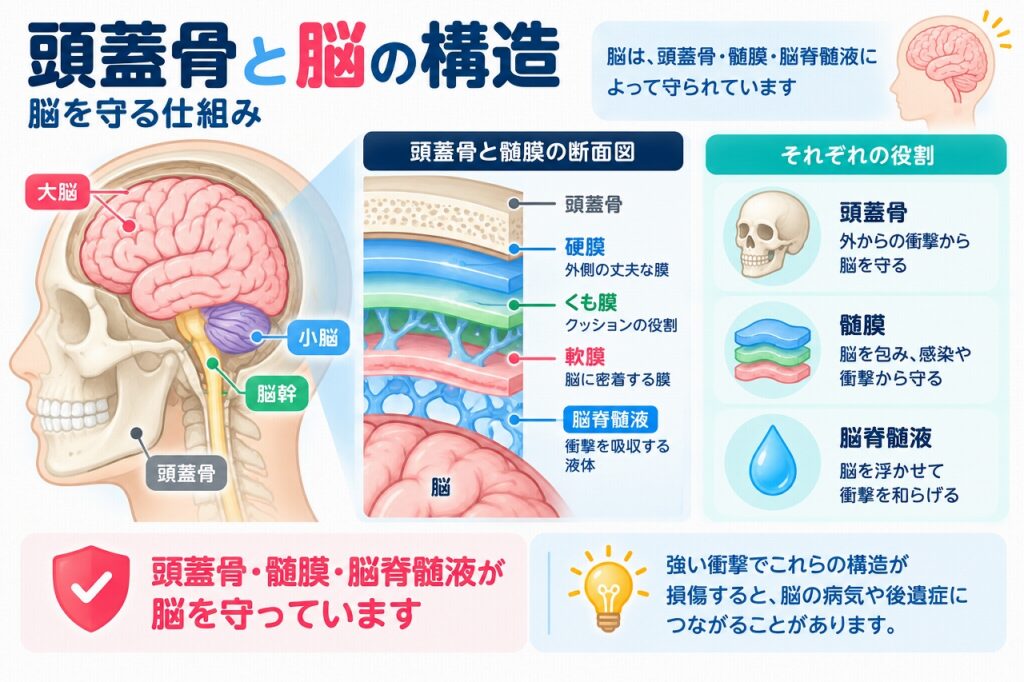 頭蓋骨と脳の構造とは？頭蓋骨・髄膜・脳脊髄液が脳を守る仕組みを図解