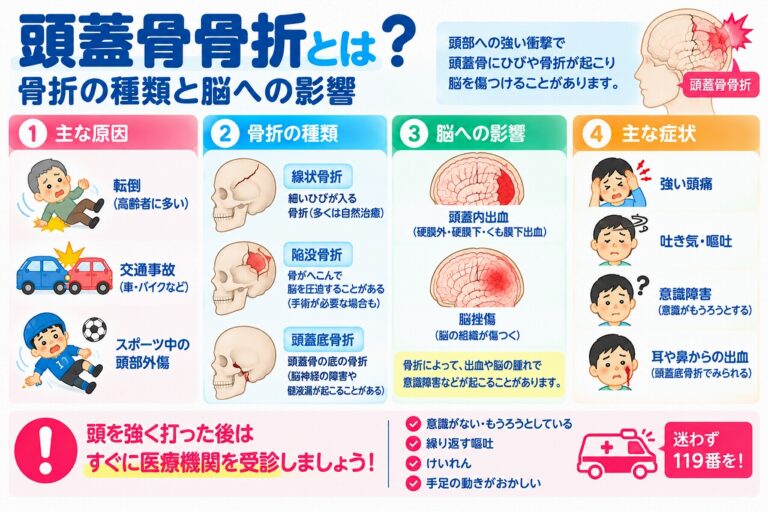 頭蓋骨骨折の原因や種類、脳への影響、危険な症状を解説した医療インフォグラフィック。転倒、交通事故、スポーツ中の頭部外傷によって起こる線状骨折、陥没骨折、頭蓋底骨折をイラストで比較。頭蓋内出血、脳挫傷、脳神経損傷などの合併症と、強い頭痛、吐き気・嘔吐、意識障害、耳や鼻からの出血などの症状、緊急受診の重要性を図解。