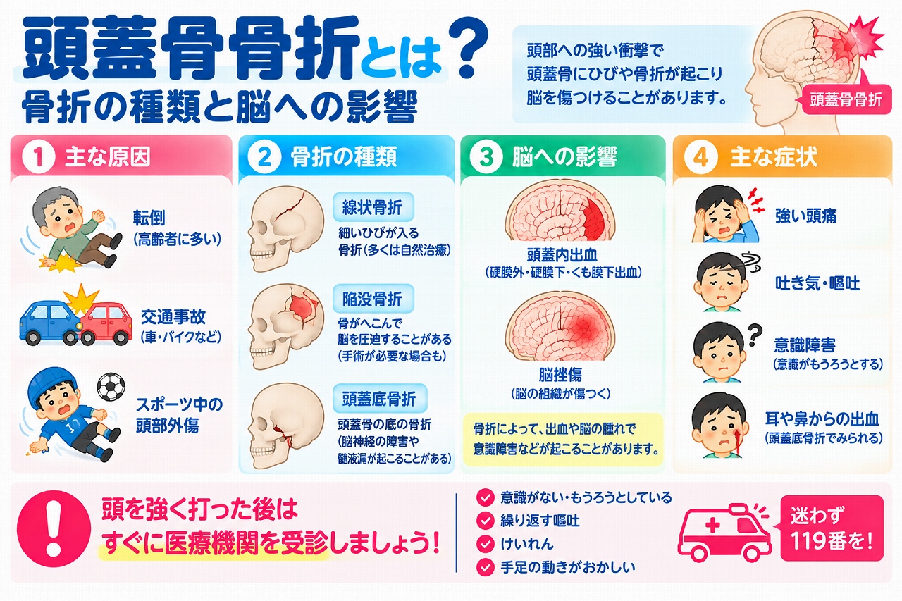 頭蓋骨骨折の原因や種類、脳への影響、危険な症状を解説した医療インフォグラフィック。転倒、交通事故、スポーツ中の頭部外傷によって起こる線状骨折、陥没骨折、頭蓋底骨折をイラストで比較。頭蓋内出血、脳挫傷、脳神経損傷などの合併症と、強い頭痛、吐き気・嘔吐、意識障害、耳や鼻からの出血などの症状、緊急受診の重要性を図解。