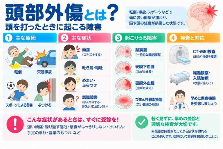 頭部外傷とは？頭を打ったときに起こる症状・脳の損傷・検査と治療を図解