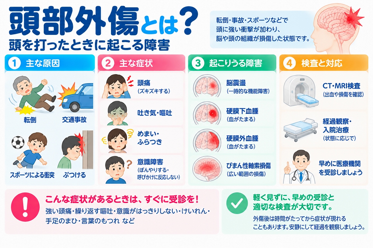 頭部外傷の原因や症状、起こりうる脳の障害を解説した医療インフォグラフィック。転倒、交通事故、スポーツ中の衝突、頭部打撲などの原因と、頭痛、吐き気・嘔吐、めまい、意識障害などの症状を図解。脳震盪、硬膜下血腫、硬膜外血腫、びまん性軸索損傷などの代表的な障害と、CT・MRI検査、経過観察、入院治療、緊急受診の目安を紹介。