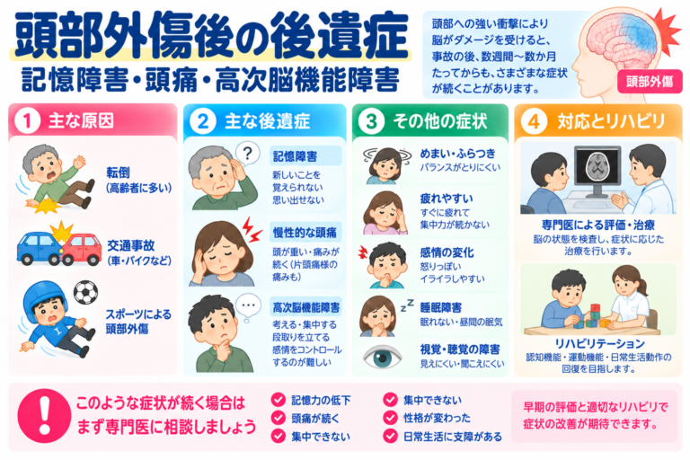 頭部外傷後の後遺症とは？記憶障害・頭痛・高次脳機能障害の症状とリハビリを図解