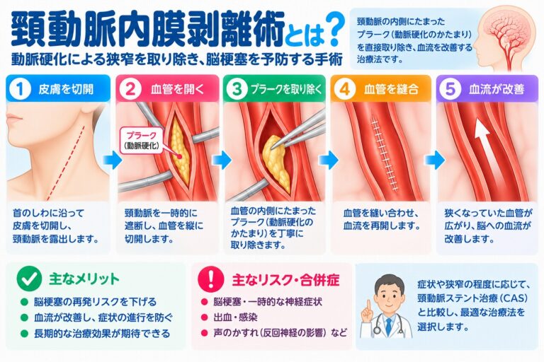 頸動脈内膜剥離術（CEA）の仕組みと手術手順を解説した医療インフォグラフィック。動脈硬化によって頸動脈の内側に蓄積したプラークを取り除き、脳梗塞を予防する治療法を5段階で図解。首の皮膚切開、頸動脈の切開、プラーク除去、血管縫合、血流再開までの流れと、手術のメリット・合併症・頸動脈ステント留置術（CAS）との違いを紹介。