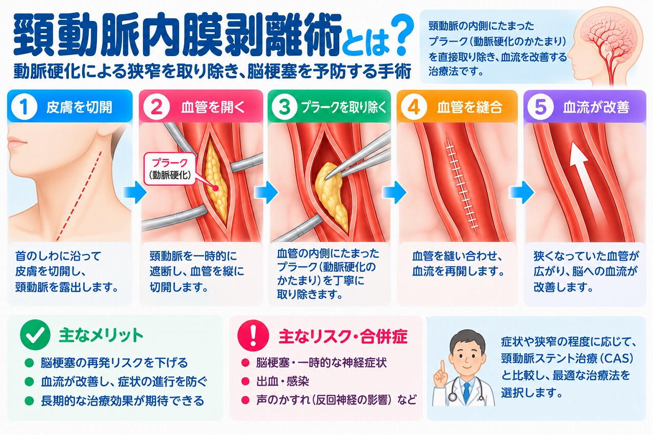 頸動脈内膜剥離術（CEA）の仕組みと手術手順を解説した医療インフォグラフィック。動脈硬化によって頸動脈の内側に蓄積したプラークを取り除き、脳梗塞を予防する治療法を5段階で図解。首の皮膚切開、頸動脈の切開、プラーク除去、血管縫合、血流再開までの流れと、手術のメリット・合併症・頸動脈ステント留置術（CAS）との違いを紹介。