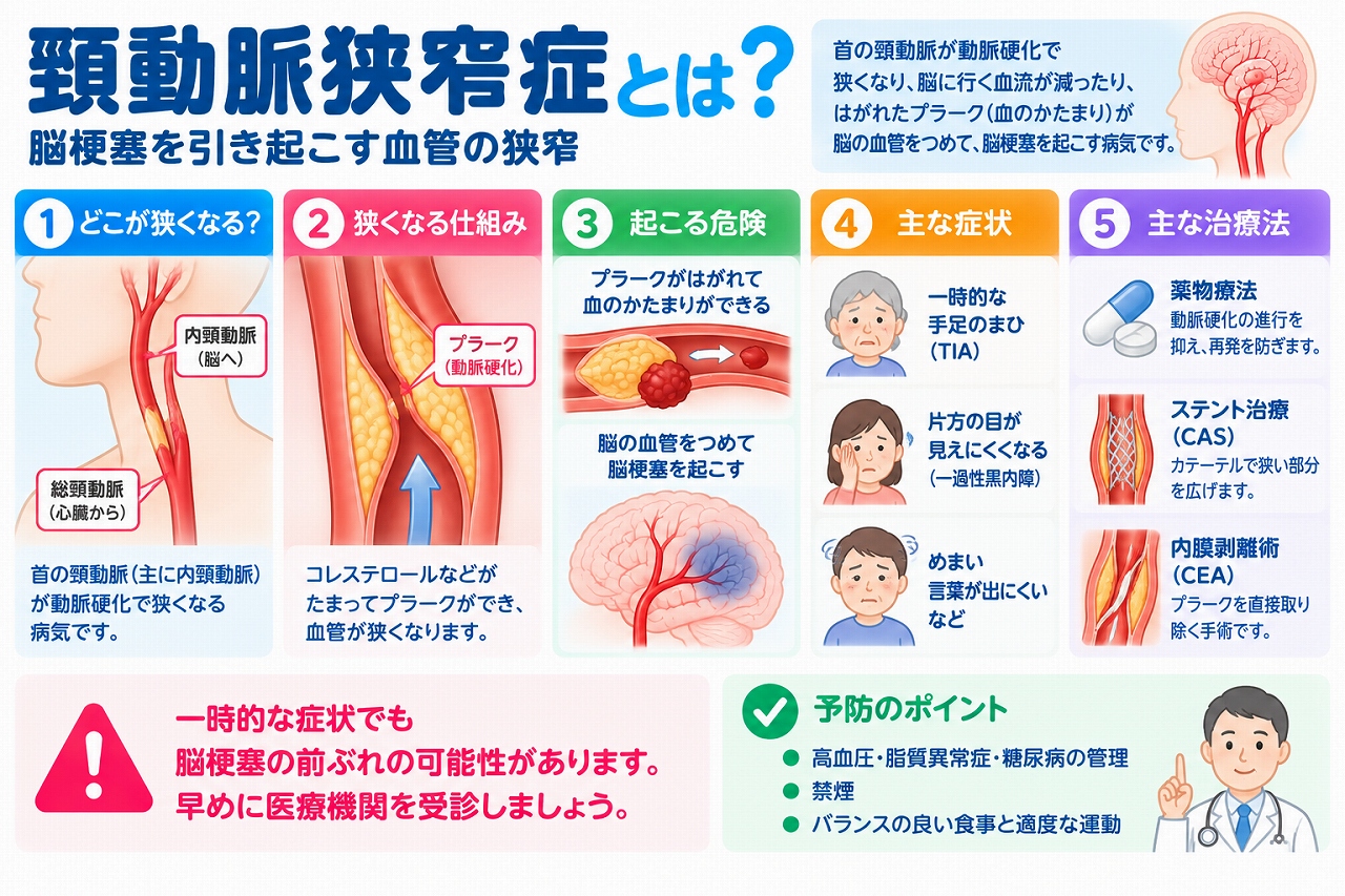 頸動脈狭窄症の仕組みと脳梗塞との関係を解説した医療インフォグラフィック。首の頸動脈に動脈硬化によるプラークが蓄積して血管が狭くなる様子と、血栓などが脳の血管を詰まらせる仕組みを図解。一時的な手足の麻痺、片目の視力障害、言語障害などの症状と、薬物療法、頸動脈ステント留置術（CAS）、頸動脈内膜剥離術（CEA）、予防のポイントを紹介。