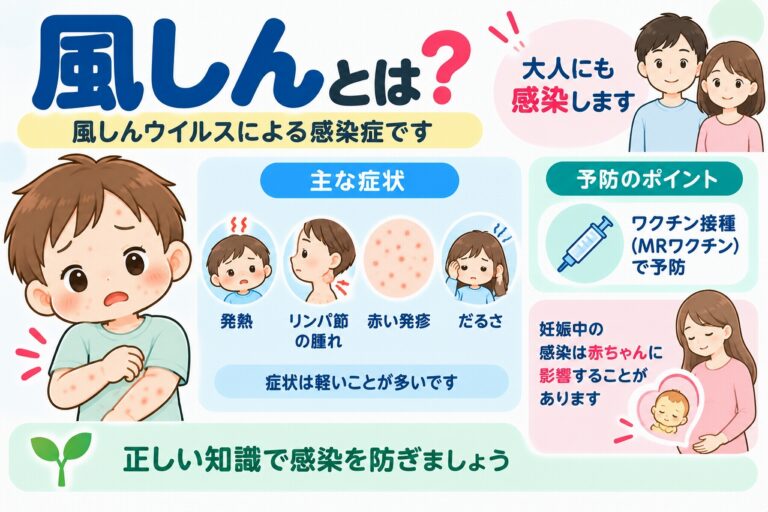 風しんとは？発熱・リンパ節の腫れ・赤い発疹の症状と妊娠中の感染リスクを図解