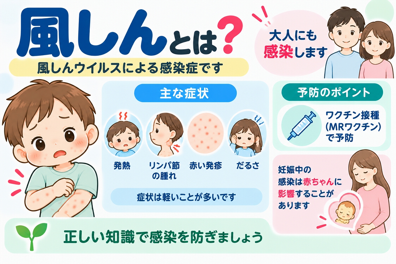 風しんの原因や主な症状、予防方法を解説した医療インフォグラフィック。風しんウイルスによる感染と、発熱、首や耳の後ろのリンパ節の腫れ、赤い発疹、だるさなどの症状をイラストで紹介。大人も感染することや、妊娠初期の感染による先天性風しん症候群のリスク、MRワクチンによる予防の重要性を図解。