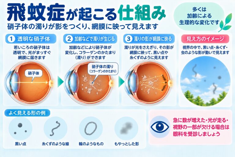 飛蚊症が起こる仕組み｜硝子体の濁りが黒い点や影に見える理由