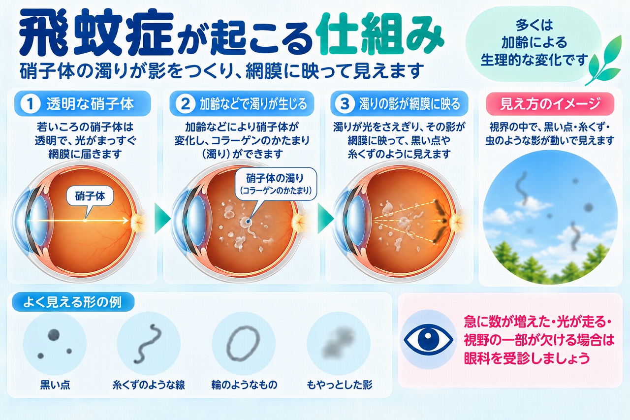 飛蚊症が起こる仕組みを解説したインフォグラフィック。加齢などによって硝子体に濁りが生じ、その影が網膜に映ることで、黒い点や糸くず、輪、もやのような影が視界に見える流れを紹介